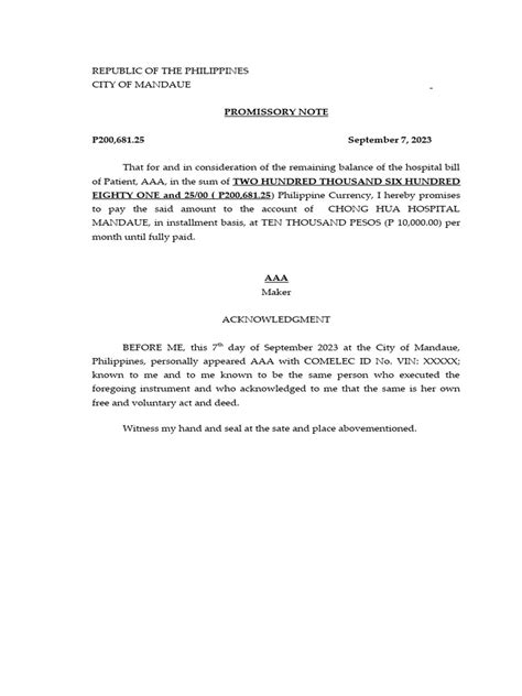 promissory note for hospital bill philippines|RA 10932 And RA 9439 .